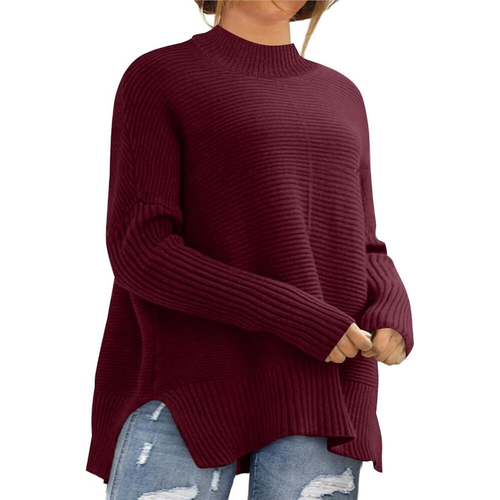 Womens Plus Size Sweaters Long Sleeve Crew Neck Split Hem Casual Oversized Ribbe
